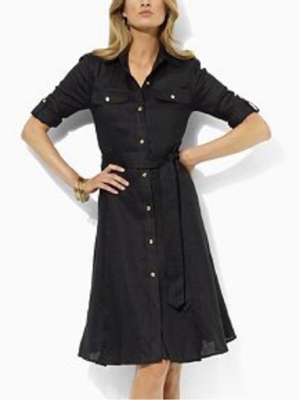 Lauren Ralph Lauren 100% Linen Black Shirt Dress Belted Button Front Size Small